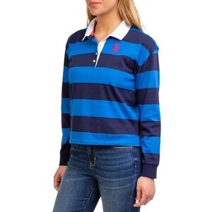 NWT U.S. Polo Association Long Sleeve V Neck striped rugby boyfriend shirt M